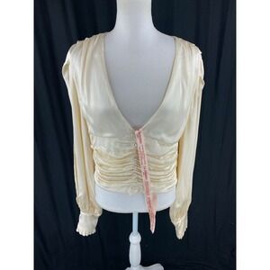 La Semaine Paris Womens 44 Silk Blend Cardigan Blouse Peasant‎ Pleated Satin